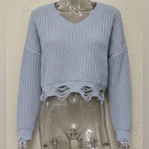 Distressed Cropped Knit Sweater Blue Chunky V-Neck Lace Up Back Boho Grunge S/M